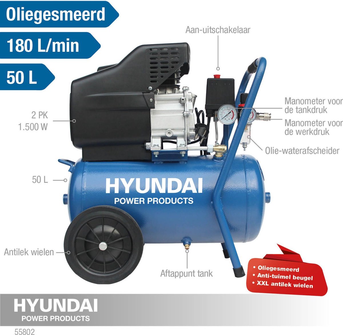 Compresseur Hyundai 50 litres avec séparateur d'humidité - 8 BAR - 67dB -  180 litres /