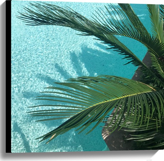WallClassics - Canvas - Palmbladeren Hangend boven Zwembad - 60x60 cm Foto op Canvas Schilderij (Wanddecoratie op Canvas)