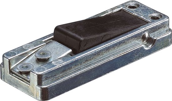 Zilverkleurige deurvastzetter met een zwart rubberen drukknop en schroefbevestiging.