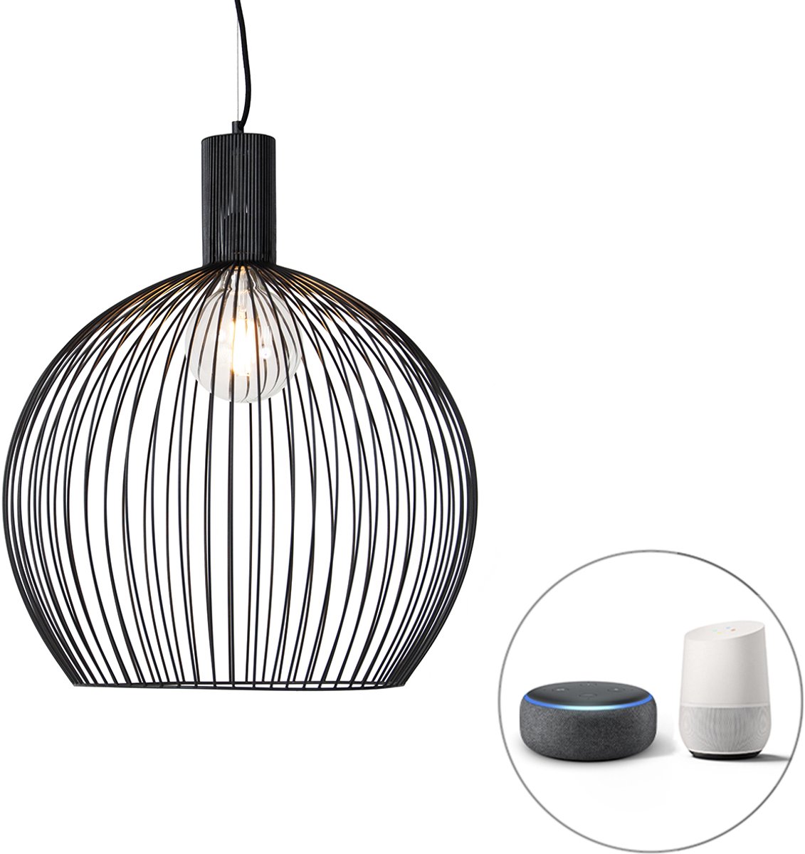 Qazqa smart led moderne hanglamp - Wire - zwart, 1800K - 4000K, extra warmwit - cool white, dimbaar, 50cm, ideaal als keuken, woonkamer en slaapkamer