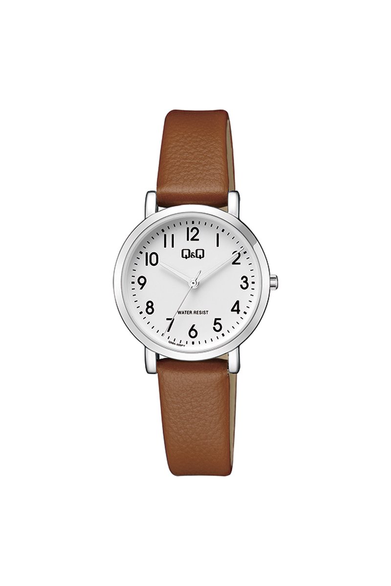QQ Q58A-005PY - Horloge - Analoog - Vrouwen - Dames - Leren band - Rond - Metaal - Cijfers - Bruin - Zilverkleurig - Wit - 3ATM
