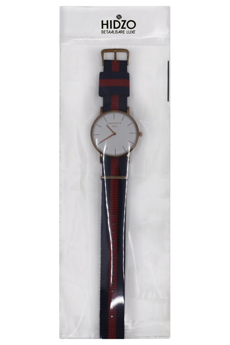 Hidzo Horloge Chronos ø 37 mm - Blauw-Rood-Blauw - Inclusief horlogedoosje