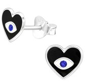 Joy|S - Zilveren hartje oorbellen - boze oog / evil eye - 7 mm - blauw kristal - kinderoorbellen