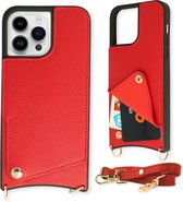 Casemania Hoesje Geschikt voor Apple iPhone 11 Pro Rood - Back Cover met Bandje - Pasjeshouder & Koord