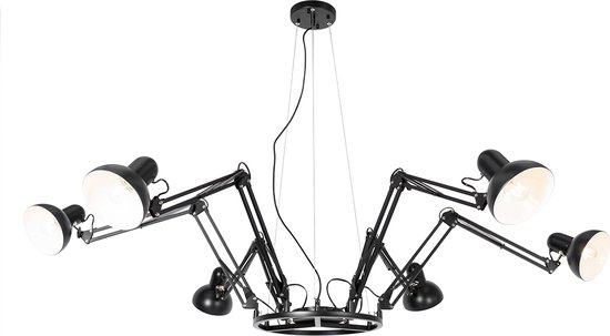 QAZQA hobby spinne - Industriele Hanglamp voor boven de eettafel | in eetkamer - 6 lichts - Ø 206 cm - Zwart - Industrieel - Woonkamer