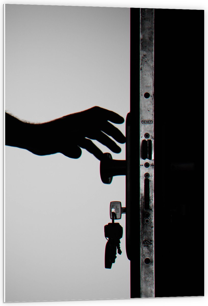 PVC Schuimplaat- Voordeur met Sleutels in het Slot (Zwart - wit) - 60x90 cm Foto op PVC Sc