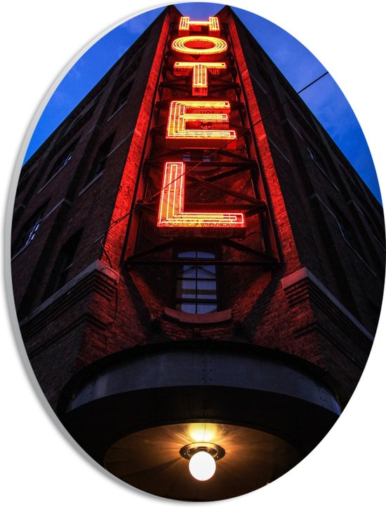 PVC Schuimplaat Ovaal - Hotel met Rode Neon Letters - 21x28 cm Foto op Ovaal (Met Ophangsysteem)