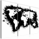 Schilderij - Wereldkaart - Monochromatisch kaart van de Wereld, Zwart-Wit, 3luik , premium print op canvas