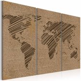 Schilderij - Wereldkaart - Berichten uit de wereld, Bruin, 3luik , premium print op canvas