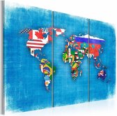 Schilderij - Wereldkaart - Vlaggen van de Wereld, Blauw, 3luik , premium print op canvas