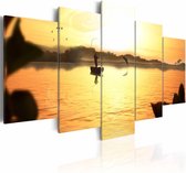 Schilderij - Zonsondergang over meer , geel bruin , 5 luik