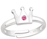 Joy|S - Zilveren kroontje ring - verstelbaar - zilver - roze kristal - voor kinderen