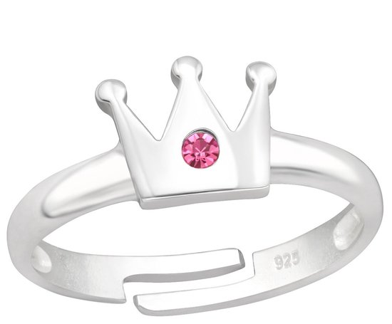 Joy|S - Zilveren kroontje ring - verstelbaar - zilver - roze kristal - voor kinderen