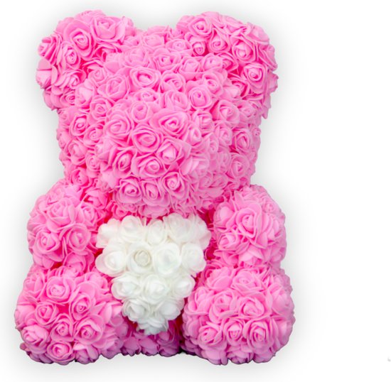 Rozenbeer Roze met Wit Hart XL 40 cm met giftbox Teddy Beer - Rozen | Roos | Bloemen | Valentijn | Valentijnsdag | Valentijnscadeau | Liefde | 40CM | Babyshower | Geboorte | Rozen beer | Inclusief Giftbox I Moederdag