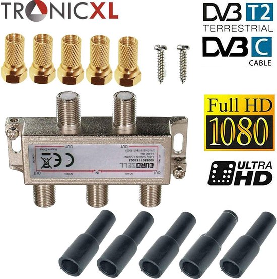 Poppstar Sat Verdeler Antenne Splitter Schakelaar 6-voudig Incl. F-connector (Analoog/Digitaal/BK/Unicable/HD/4k) voor Tv, Satelliet, Kabel, Radio, LNB