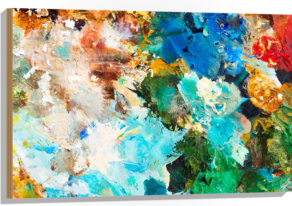 Hout - Abstrcat Kunstwerk van Verschillende Kleuren Verf op Schilderij - 90x60 cm - 9 mm dik - Foto op Hout (Met Ophangsysteem)