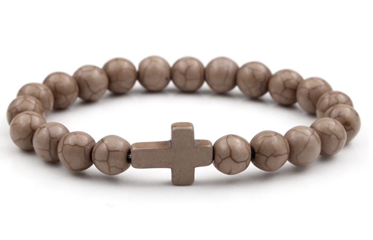 Kruis armband - Jezus - Christelijk - bijbel kralen Bruin - 20 cm