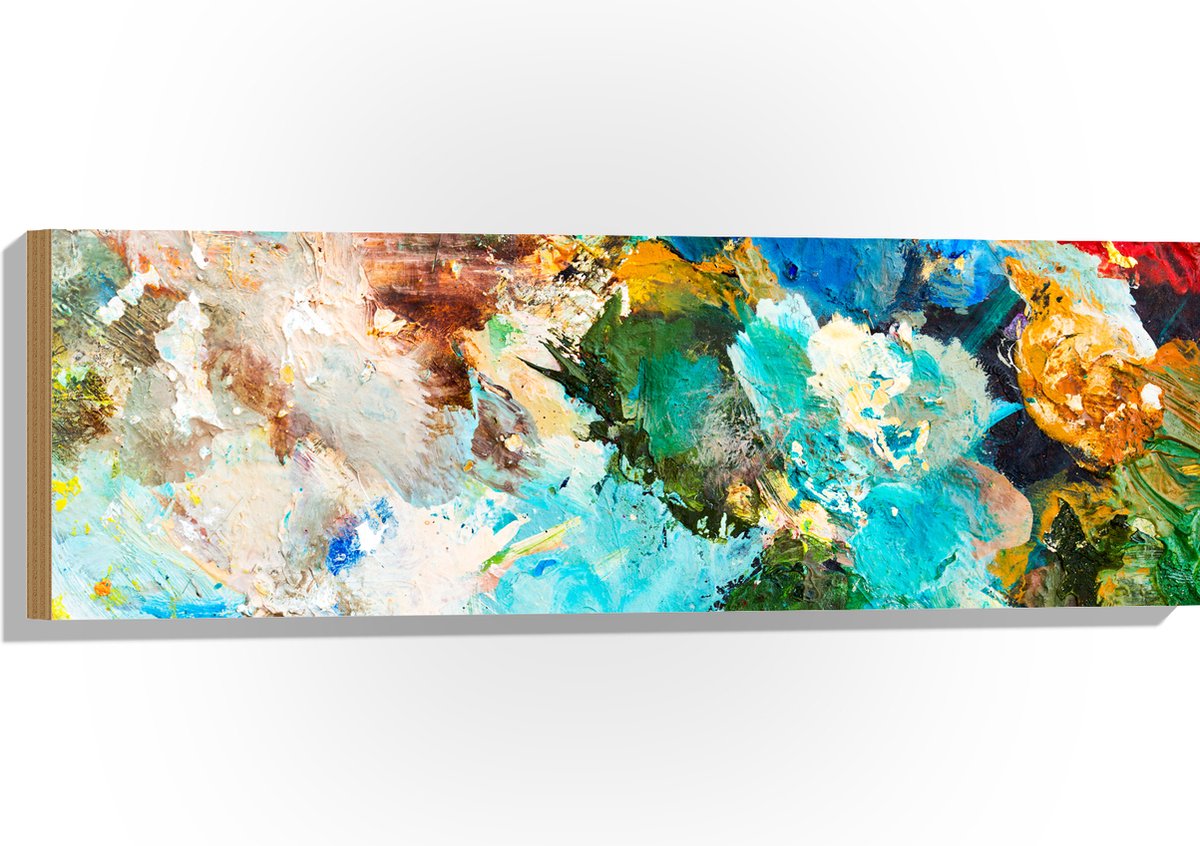 Hout - Abstrcat Kunstwerk van Verschillende Kleuren Verf op Schilderij - 90x30 cm - 9 mm dik - Foto op Hout (Met Ophangsysteem)