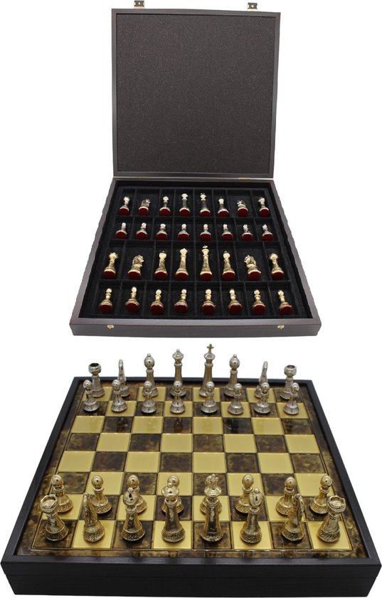 Afbeelding van het spel Manopoulos - Handgemaakte schaakbord met opbergsysteem - Metalen Schaakstukken - Luxe uitgave - Schaakspel - Schaakset - Schaken - Chess