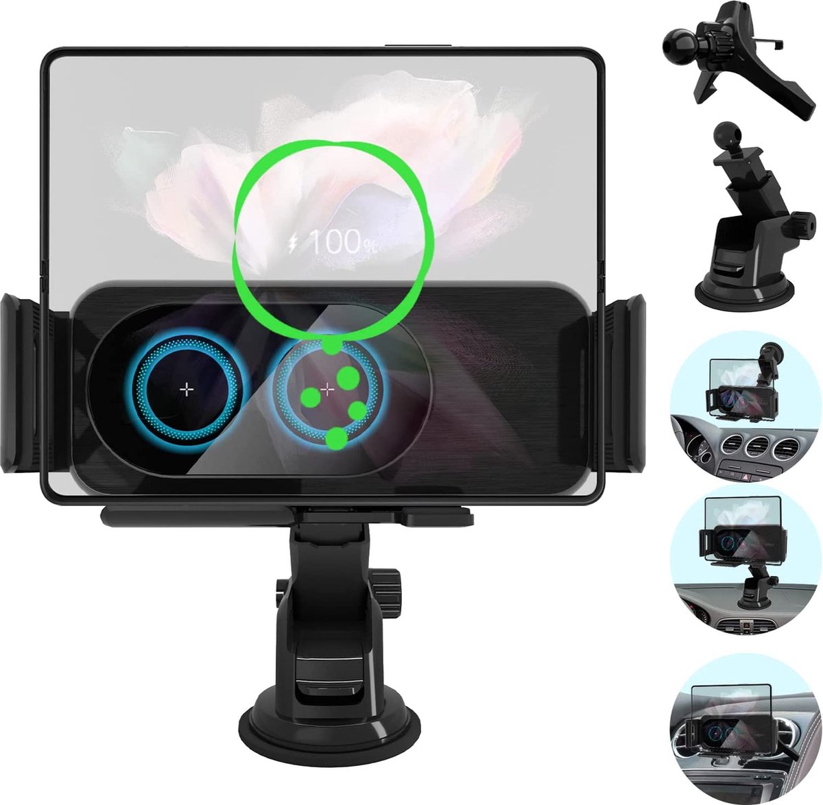 Telefoonhouders Auto Zuignap met Draadloze Oplader - Voor Raam, Dashboard en Ventilatie - Gsm Houder Auto - Accessories - Auto Telefoonhouder - Model Alkmaar