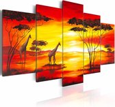 Schilderij - Giraffen met zonsondergang, Afrika, Oranje/Geel, 5luik, print op canvas