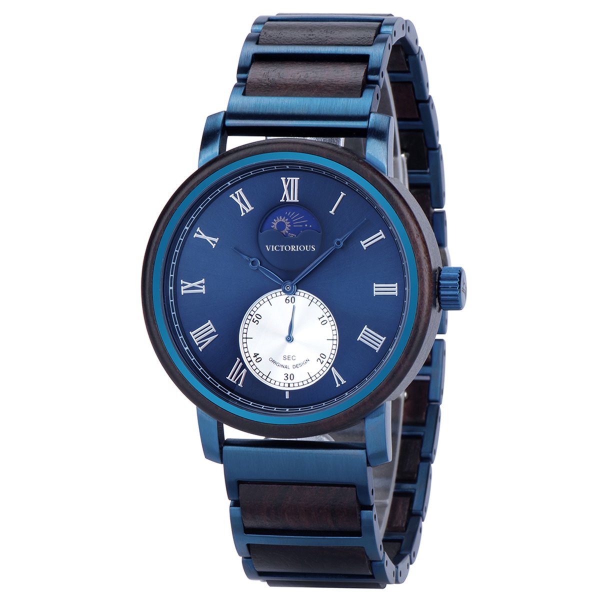 Victorious Hout met Blauw Stalen Heren horloge - Vortex - Ø44mm