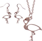Set - Ketting 55cm RVS - Zilverkleurige Oorbellen - Hangertjes Flamingo Zilverkleurig 2,5cm