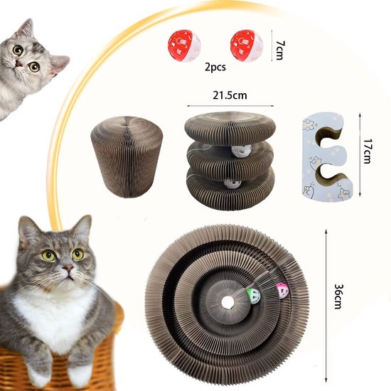 Wuudi Krabplank voor katten, 60 cm vormig krabkarton met balspeelgoed, kattenkrabmeubel van hoogwaardig karton voor wandmontage binnenshuis