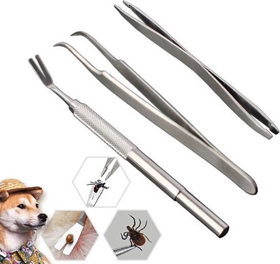 Een Shiba Inu met strooien hoed, samen met drie metalen tekenverwijderingsinstrumenten.