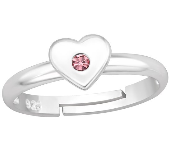 Joy|S - Zilveren hartje ring - verstelbaar - zilver - roze kristal - voor kinderen