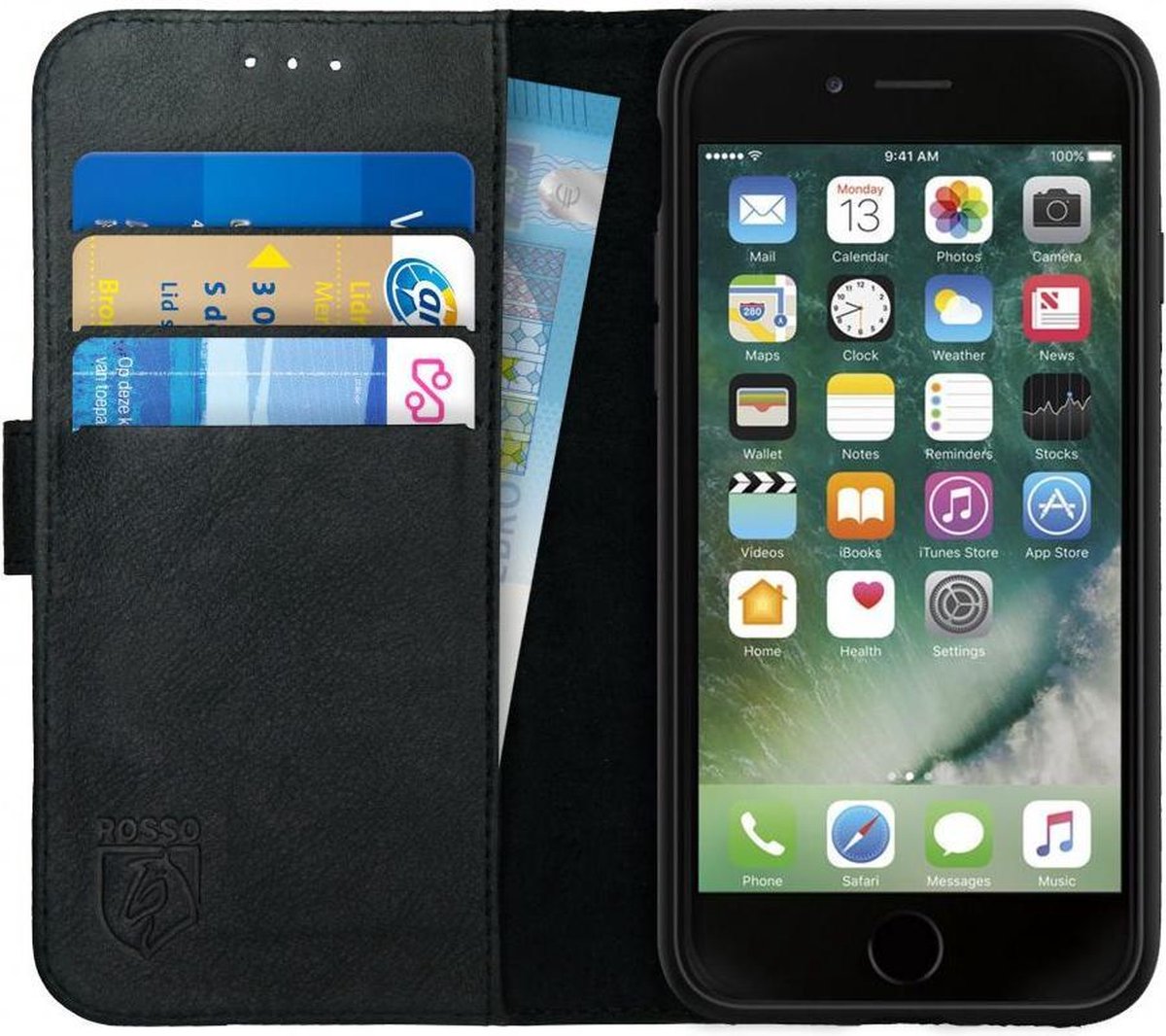 Rosso Deluxe Apple iPhone 7/8 Hoesje Echt Leer Pasjes Book Case Zwart - Rosso