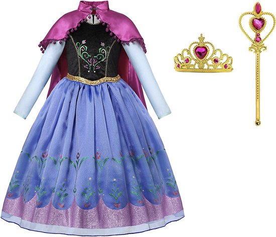 Frozen prinsessenjurk meisje - Anna jurk - Prinsessen speelgoed - verkleedkleding meisje - Het Betere Merk - Lange roze cape - Maat 110/116 - Carnavalskleding - Kroon (tiara) - Toverstaf - Verkleedkleren - Kleed