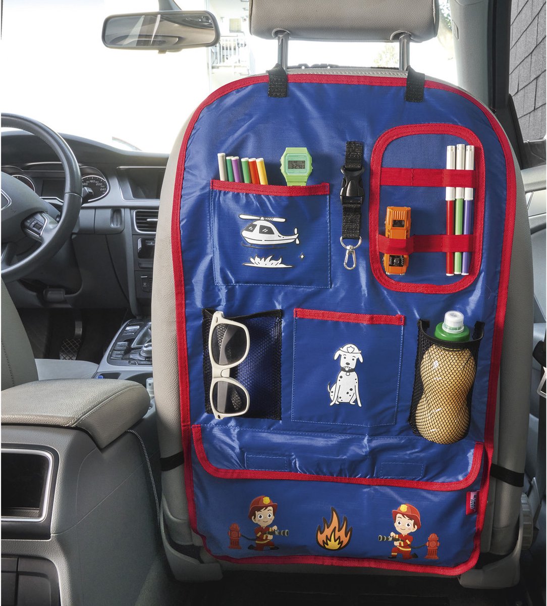 Ultimate Speed Autostoel Organizer - Blauw - Brandweer - Geschikt voor: alle autostoelen - Met versterkte randen - Praktische opberger voor onderweg - Beschermt de achterkant van de zitting tegen vuil