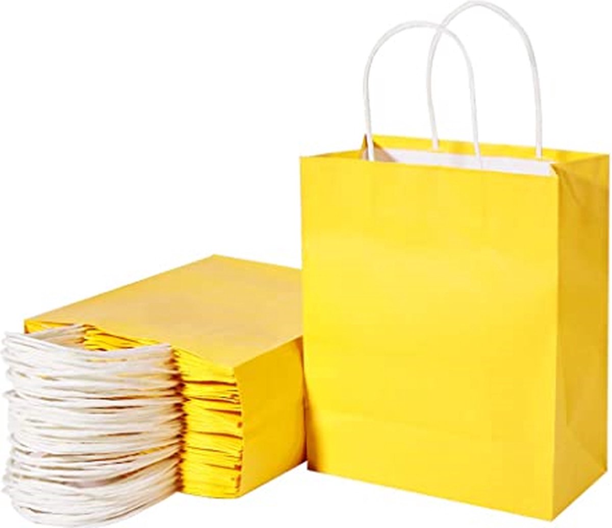 25 papieren draagtassen Van Kraftpapier Met Gevlochten Oren 18x8x22cm Geel / papieren tassen Kraft Papieren Tasjes Met Handvat/ Cadeautasjes met gedraaid handgrepen / Zakjes/