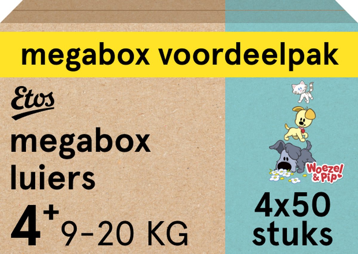 Goedkoopste Etos Luiers - Woezel & Pip - Maat 4 - 9 tot 20kg - Megabox Voordeelpak - 200 stuks
