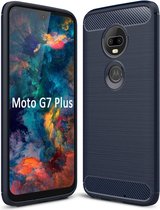 Geborsteld TPU Hoesje Geschikt voor Motorola Moto G7 Plus | Beschermhoes | Back Cover | Flexibel TPU | Stijlvol Carbon | Dun | Blauw