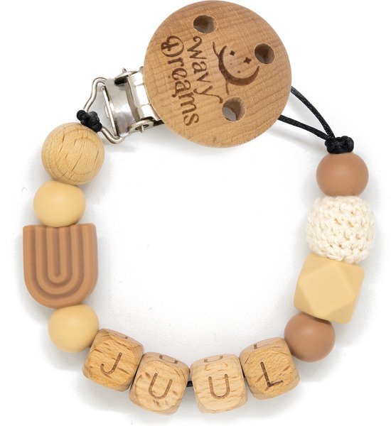 Wavy Dreams - Combiset Speenkoord & Sleutelhanger / Luiertashanger - Speenkoord met naam - Jongen Meisje Unisex - Kraamcadeau - Zand Pastel - Speenketting met naam - Sleutelhanger met naam - Model Juul van Wavy Dreams — afbeelding 5