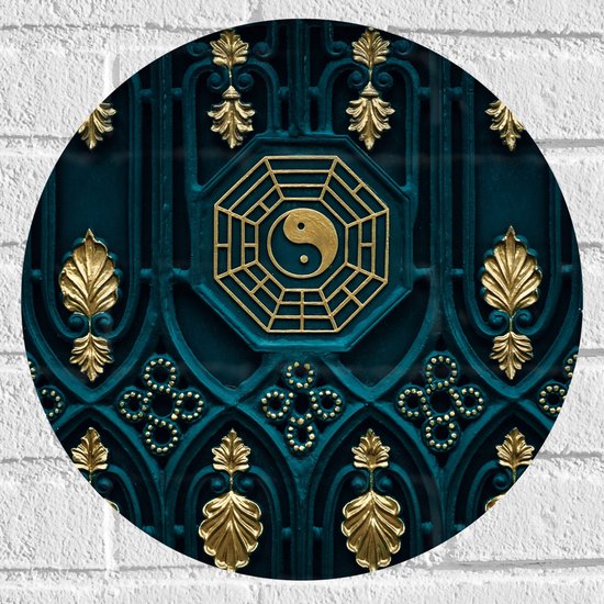 Muursticker Cirkel - Blauwe Houten Deur met Gouden Details - 40x40 cm Foto op Muursticker