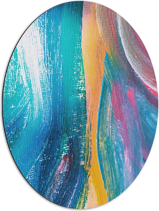 Dibond Ovaal - Blauwe Verf Strepen met Gele en Roze Details - 51x68 cm Foto op Ovaal (Met Ophangsysteem)