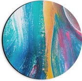 Dibond Muurcirkel - Blauwe Verf Strepen met Gele en Roze Details - 20x20 cm Foto op Aluminium Muurcirkel (met ophangsysteem)