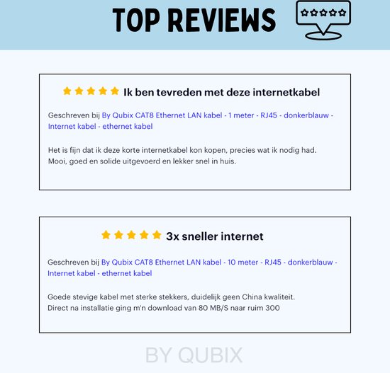 Deux avis clients pour un câble Ethernet By Qubix CAT8 bleu foncé. Les titres sont "Je suis satisfait de ce câble Internet" et "Internet 3 fois plus rapide".