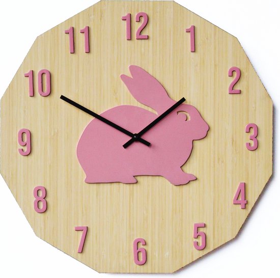 Phanti - Kinderklok - Dierenklok - Lokaal product - Handgemaakt - Konijn - Bamboe/Staal - Roze - 43cm - Stil Europees uurwerk - Cadeau