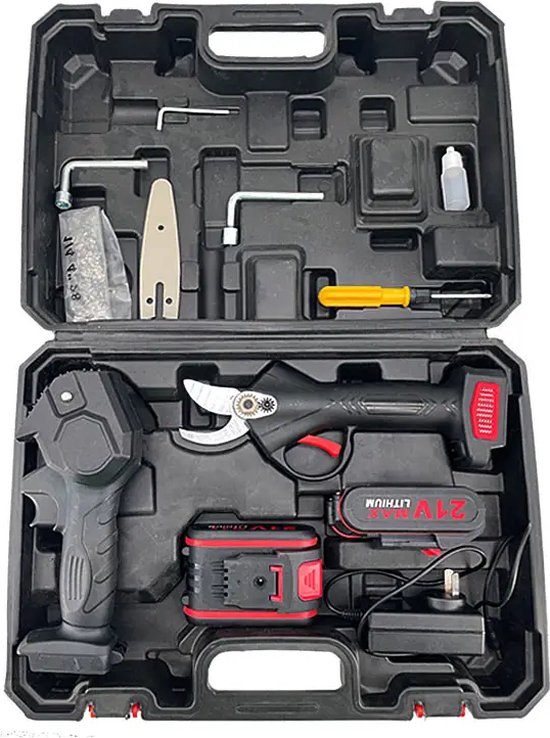 LotaHome - Elektrische Snoeischaar & Mini Kettingzaag - Dubbele Set - Snoeischaar en Kettingzaag - Complete Set - Handkettingzaag - Snoeien - Accu Snoeischaar - Snoeizaag - Inclusief Extra Accu en Handschoenen - Met Opbergkoffer - Zwart van LotaHome — afbeelding 5