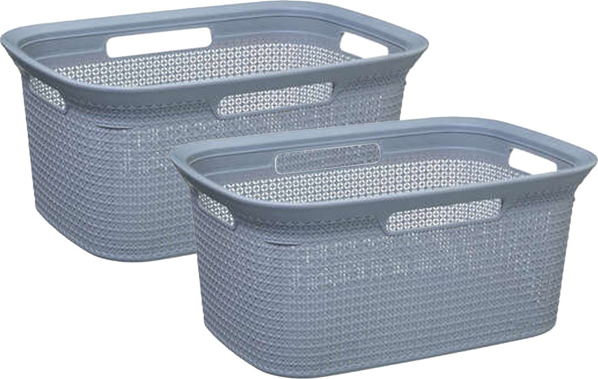 Goedkoopste Wasmand van rotan gevlochten - 2x - grijs - kunststof - 45 liter - 59 x 41 x 27 cm