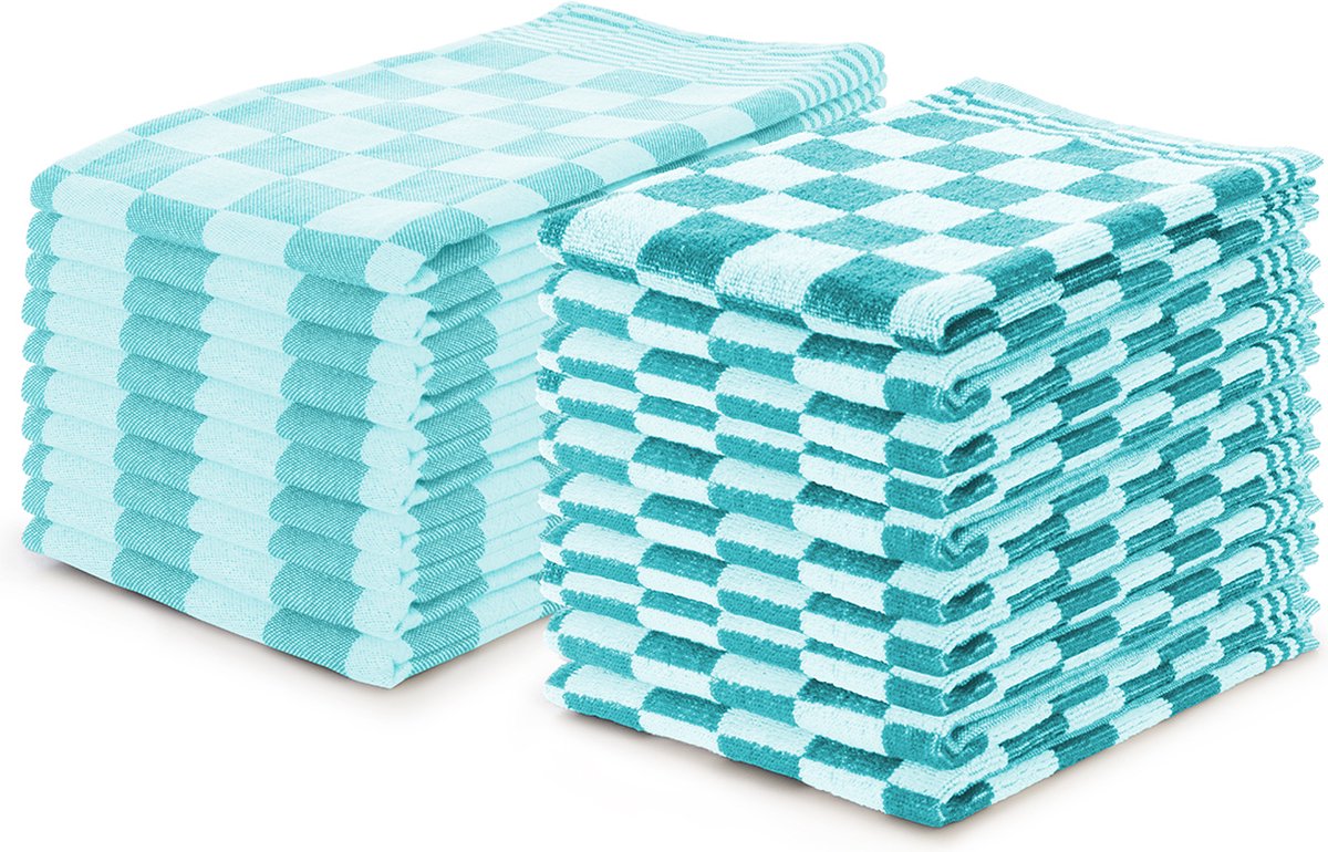 LINNICK Theedoeken en Keukendoeken Set Ice Blue- set van 20 – Geblokt – Blokdoeken – 100% katoen – 10 Horeca Theedoeken – 65x65cm - 10 Keukendoeken - 50x50cm