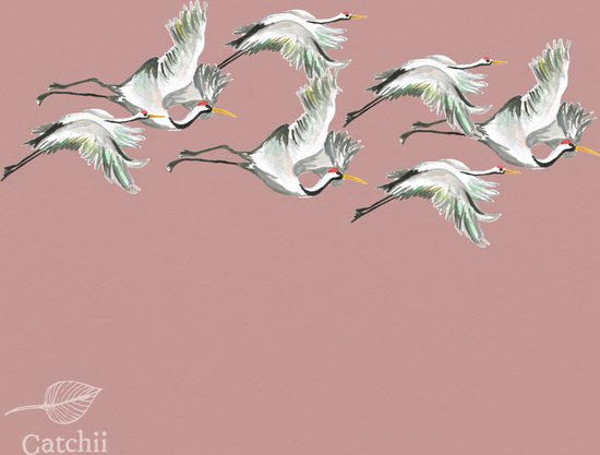 Behang staal Flying Cranes roze
