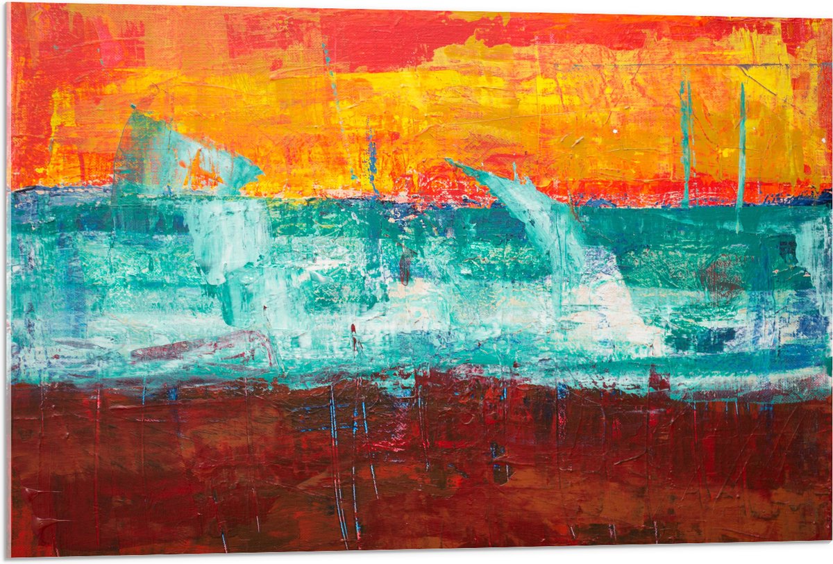 Acrylglas - Drie Vakken Verf in Oranje, Blauw en Bruin - 90x60 cm Foto op Acrylglas (Wanddecoratie op Acrylaat)