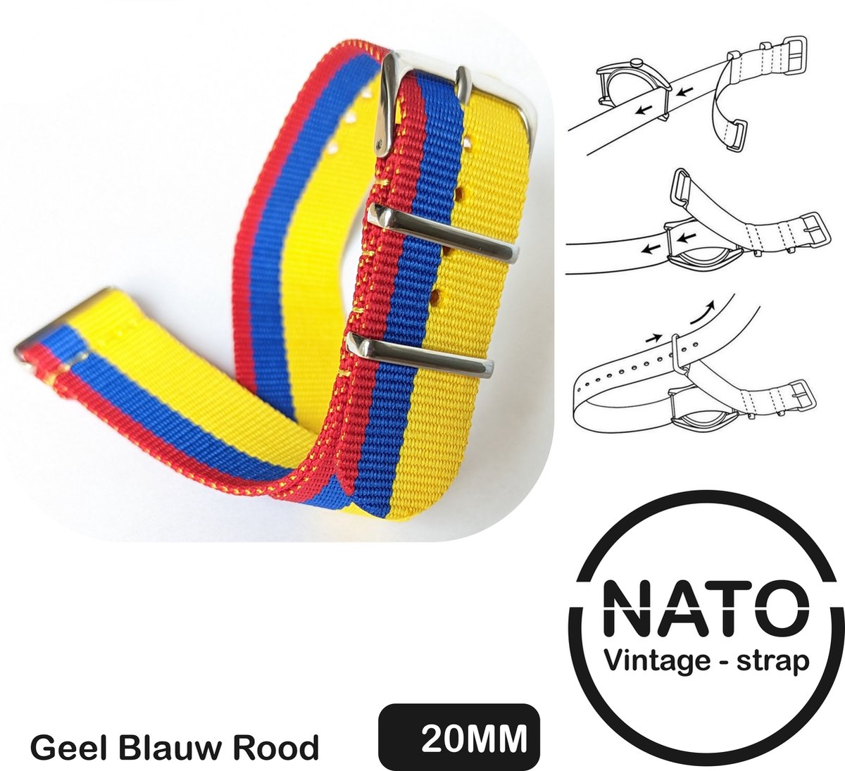 20mm Premium Nato Strap Rood Geel Blauw gestreept - Vintage James Bond - Nato Strap collectie - Mannen - Horlogeband - 20 mm bandbreedte voor oa. Seiko Rolex Omega Casio en Citizen