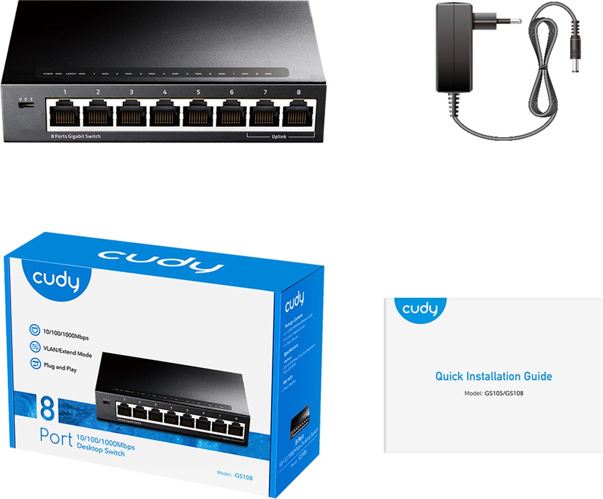 Cudy GS108 8-Poorts Gigabit Switch – Unmanaged, Desktop, Ventilatorloos, Metalen Behuizing – Plug & Play