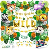 Fissaly 106 Stuks Jungle Decoratie Versiering Set – Happy Birthday Safari Thema – Slingers, Ballonnen & Accessoires
